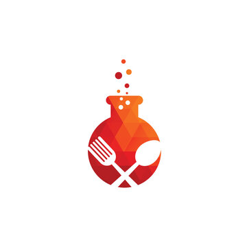 Creative food lab logo design with flask fork and spoon for kitchen chemistry brand