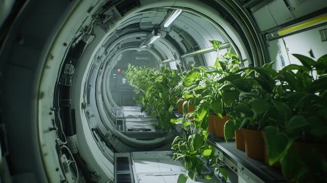 Plants grow inside a futuristic space station laboratory designed for long term agricultural research in orbit.