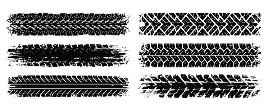 Tire tracks, grungy black and white skid mark texture strips, distressed road pattern design for automotive and racing graphics