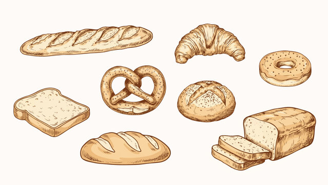 Various types of bread and baked goods on a neutral background
