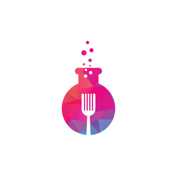 Creative food lab logo design with flask fork and spoon for kitchen chemistry brand
