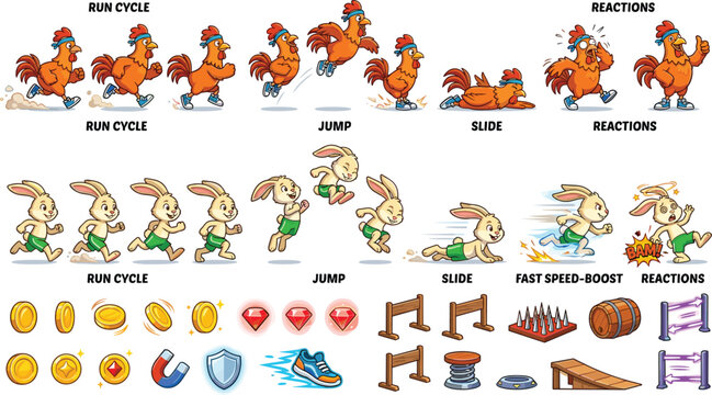 Cartoon runner game sprite sheet with rooster and rabbit character animations obstacles and level items on white background