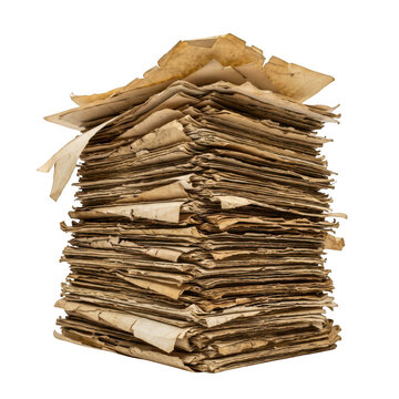 A large stack of old, weathered, and yellowed vintage paper sheets isolated on transparent background
