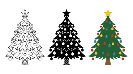 Obraz premium Collection of three stylized Christmas tree vector illustrations featuring different decorative styles and ornamentation for holiday design projects