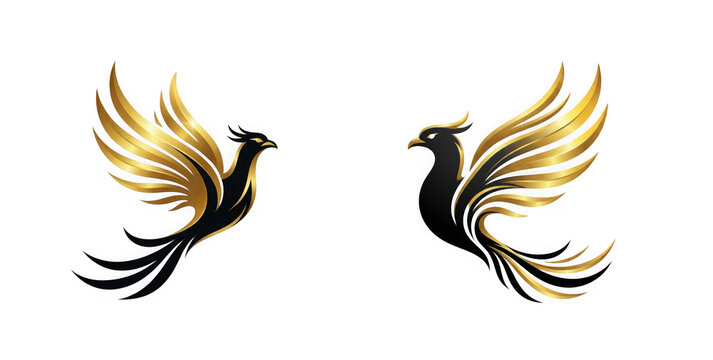 Set of two golden phoenix birds isolated on transparent background