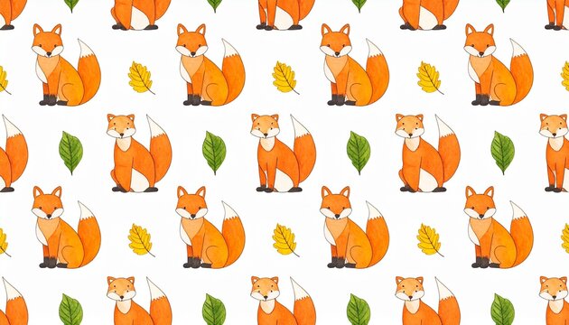 Cute orange fox pattern with autumn leaves on white background