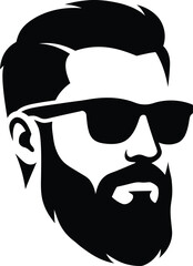 Fototapeta premium Vector silhouette portrait features a cool hipster man with a thick beard, mustache, trendy hair, and sunglasses for a modern barbershop logo.