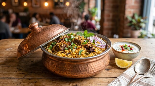 Delicious traditional Middle Eastern or Indian biryani dish served in copper pot with raita side