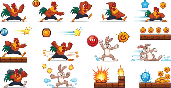 Cute cartoon animal game asset kit with rooster and rabbit characters running jumping exploding collecting coins on white background