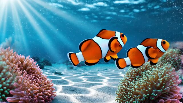Two clownfish peek out from their vibrant anemone home, illuminated by gentle sun rays filtering through the blue water.