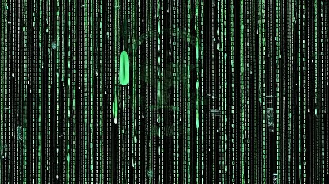 Falling Green Digital Matrix Code on Black Background