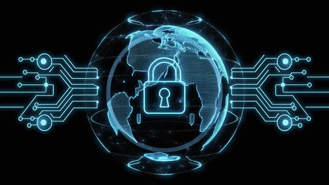 Globe planet animation locks secure digital Earth networks. Protective globe planet animation marks circuit board lines. Cybersecurity globe planet animation paths data shield pads.