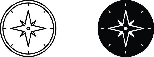 Minimalist compass rose icons, nautical navigation wind rose symbols in outline and solid styles, travel and adventure map elements in EPS format © Sanjida Studio