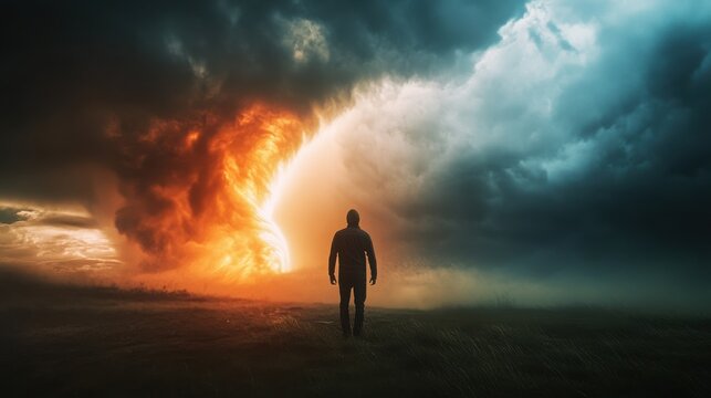 Person watches an intense fire tornado raging across the open plains during a volatile weather event.