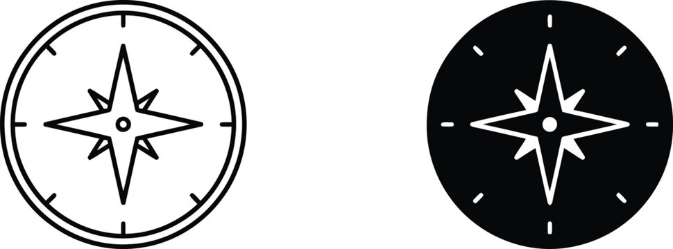 Minimalist compass rose icons, nautical navigation wind rose symbols in outline and solid styles, travel and adventure map elements in EPS format
