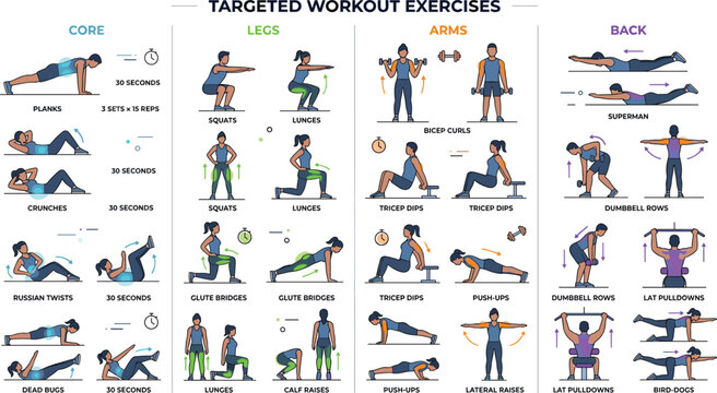 Targeted workout exercises infographic chart displaying muscle group split training template for core legs arms and back fitness presentation poster