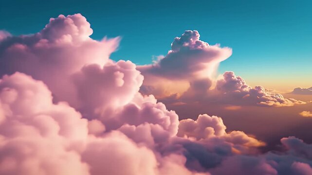 Dreamy pastel clouds drift across a serene blue sky at sunset.