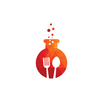 Creative food lab logo design with flask fork and spoon for kitchen chemistry brand
