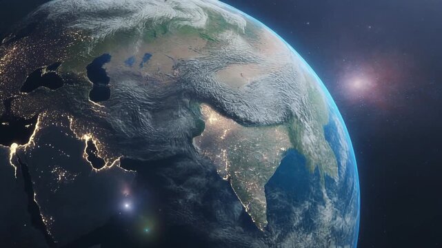 Planet view animation scans planet Earth city night lights. Global planet view animation details geographic continental borders. Deep planet view animation orbits dark cosmic space voids.