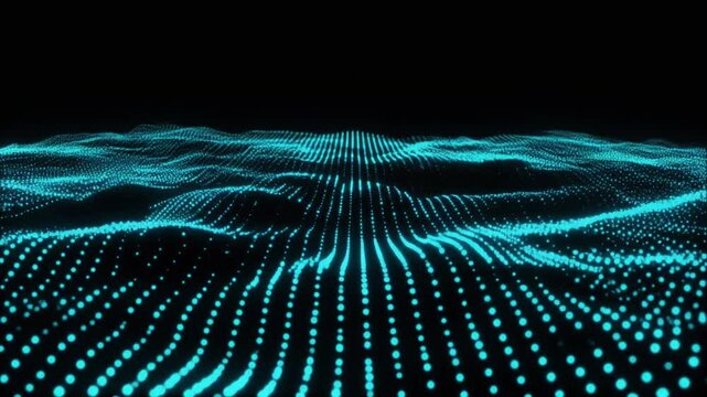 Glowing animation flows cyan digital particle waveform tracks. Abstract glowing animation undulates electric frequency light rays. Minimal glowing animation loops technical audio curves.
