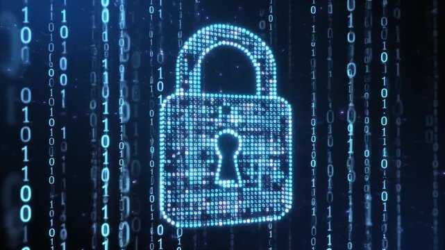Security animation locks digital binary code padlock icons. Privacy security animation safeguards cloud server matrix data. Tech security animation blocks unauthorized hacking access.