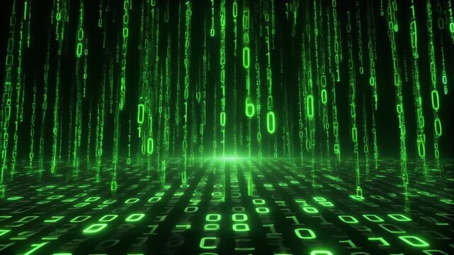 Technology animation rains down green matrix binary code. Cyberspace technology animation drops digital computer scripts. Network technology animation textures mainframe databases.