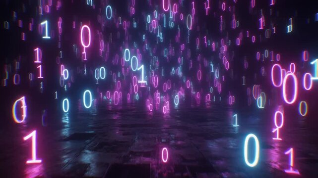 Glowing animation floats neon digital binary code lines. Futuristic glowing animation paths abstract matrix numbers. High tech glowing animation loops computer mainframe scripts.