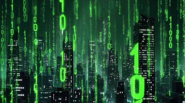 Technology animation rains binary code over neon cityscape. Futuristic technology animation shadows digital metropolitan towers. Cyber technology animation loops downtown matrix data.
