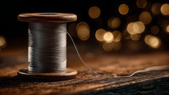 Vintage wooden spool wrapped with silver colored metal thread or craft wire.
