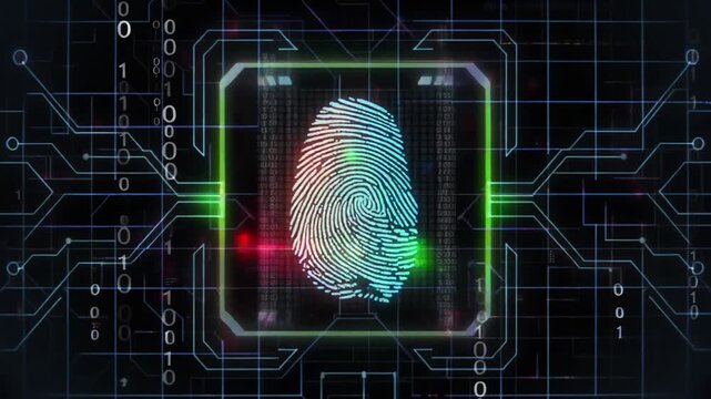 Security biometric animation scans digital fingerprint patterns. Tech security biometric animation details circuit board lines. Secure security biometric animation updates authorization.