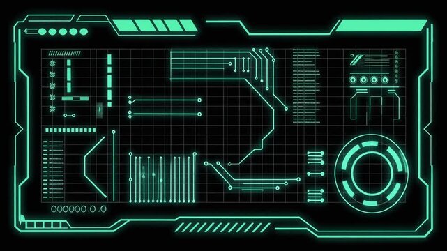Technology animation presents teal futuristic HUD dashboards. Digital technology animation panels circuit board matrix lines. Clean technology animation tracks enterprise telemetry charts.