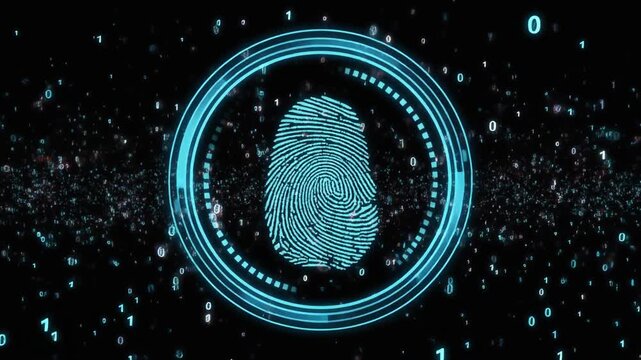 Biometric security animation verifies futuristic fingerprint scans. Secure biometric security animation streams binary codes. Privacy biometric security animation protects server databases.