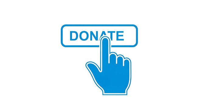 A blue digital button labeled donate with a hand cursor clicking it, isolated against a dark background, with horizontal digital, glitch lines isolated on a transparent background