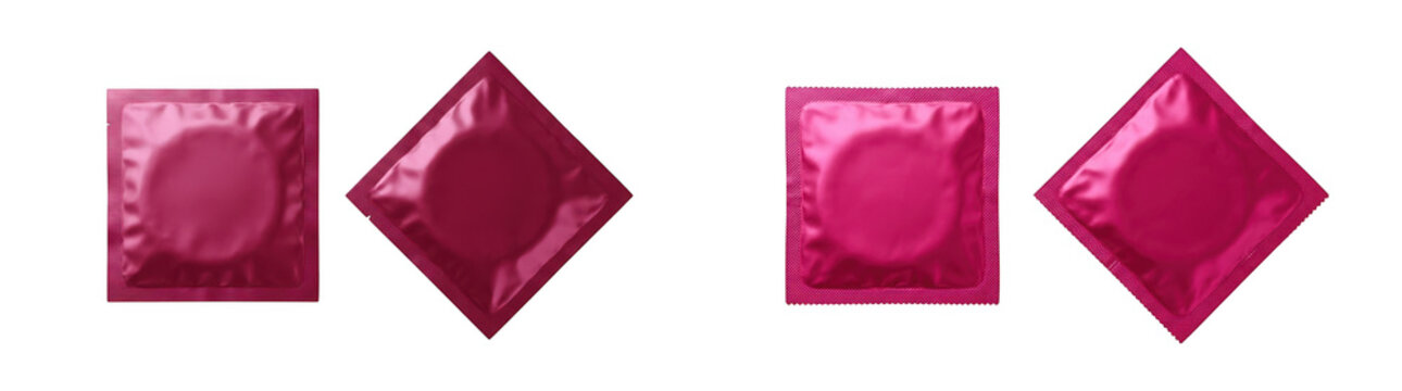 Set of pink condom wrappers isolated on transparent background