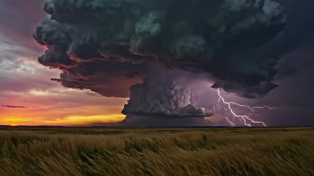 Supercell thunderstorm with lightning strike over wheat field at sunset dramatic weather and climate change concept