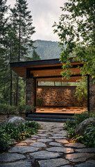 Fototapeta premium Stone pathway leading to a serene outdoor wooden pavilion in a tranquil forest setting with pavilion tranquil architecture serenity landscape peaceful relaxing wilderness structure