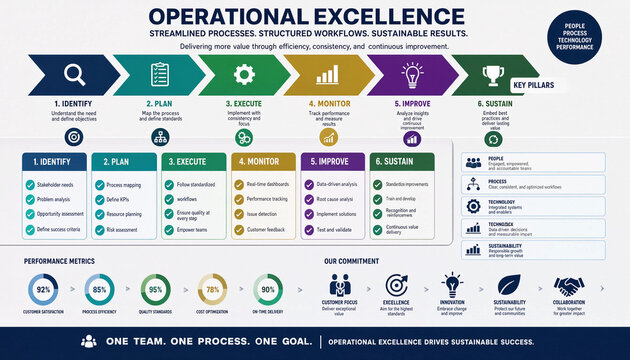 Business operational excellence process flow infographic with strategic management steps infographic business operational excellence management strategy flowchart corporate workflow