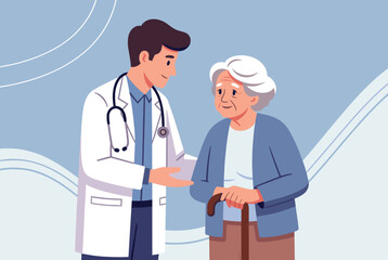 Fototapeta premium Caring young doctor in white coat with stethoscope comforting and talking to an elderly female patient holding a walking cane.