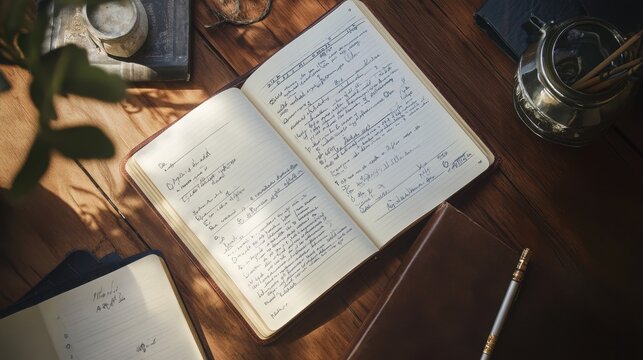 Notebook lies open on a rustic wooden table featuring handwritten notes and organized desk supplies.