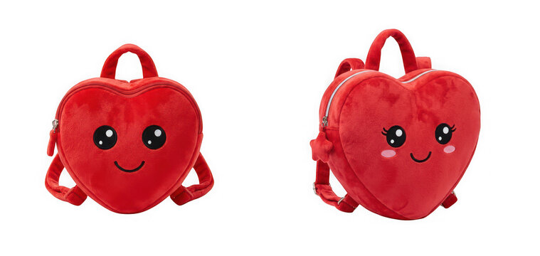 Two views of a cute red heartshaped plush backpack isolated on transparent background