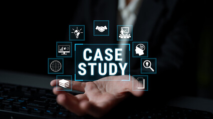 Fototapeta premium Comprehensive Case Study Visual with Engaging Icons Representing Innovation, Collaboration, Data Analysis, and Problem Solving Techniques Fluxor.