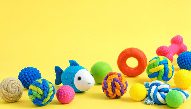 Assorted colorful dog chew toys and squeaky plush items on yellow background with colorful activity accessory training exercise equipment collection background domestic supplies