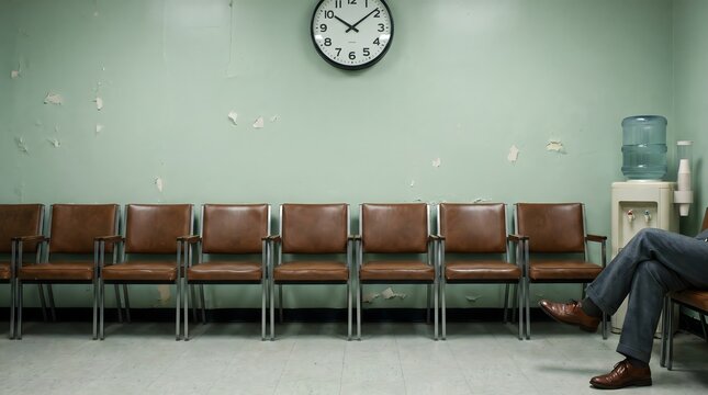Empty chairs lined up against a peeling green wall in a vintage waiting room with an analog clock and water cooler
