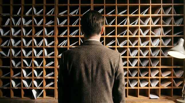 Rear view of a man in a vintage suit standing in front of a wooden mail sorting rack filled with letters