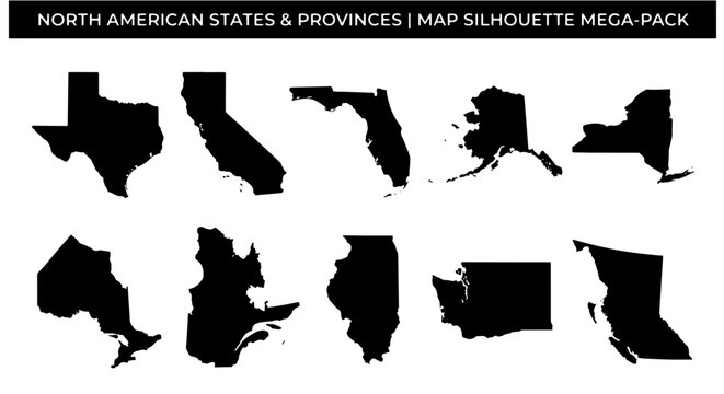North American states and provinces map silhouette mega-pack, black vector borders of USA and Canada regions, geographic territory icons
