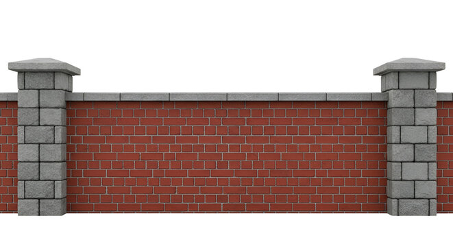 A red brick wall section with gray stone pillars on each side, set against a background, of horizontal black, white, and gray, digital glitch lines isolated on a transparent background