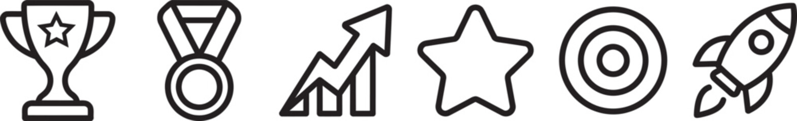 Business achievement set featuring trophy with star medal growth chart star target and rocket ship for corporate success and development © JOLY