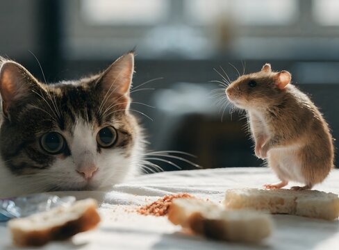 Cat playing with a little gerbil mouse on the table