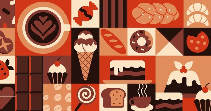 Geometric bakery banner. Motion graphics with sweet desserts, candies, donut, ice cream, chocolate and coffee made from simple shapes. Design for social media. Flat animated cartoon