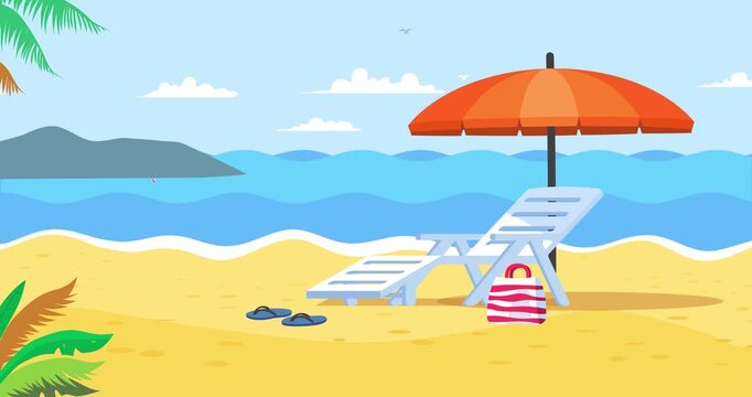 Tropical summer landscape. Seascape with sandy beach, sun lounger, palm trees and umbrella. Tourism, journey and recreation. Vacation and travel motion graphics. Animated cartoon